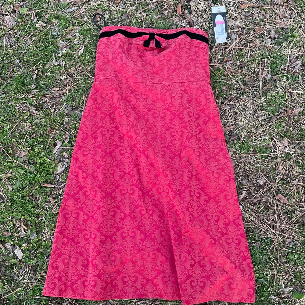 Red Strapless Dress with Black Trim